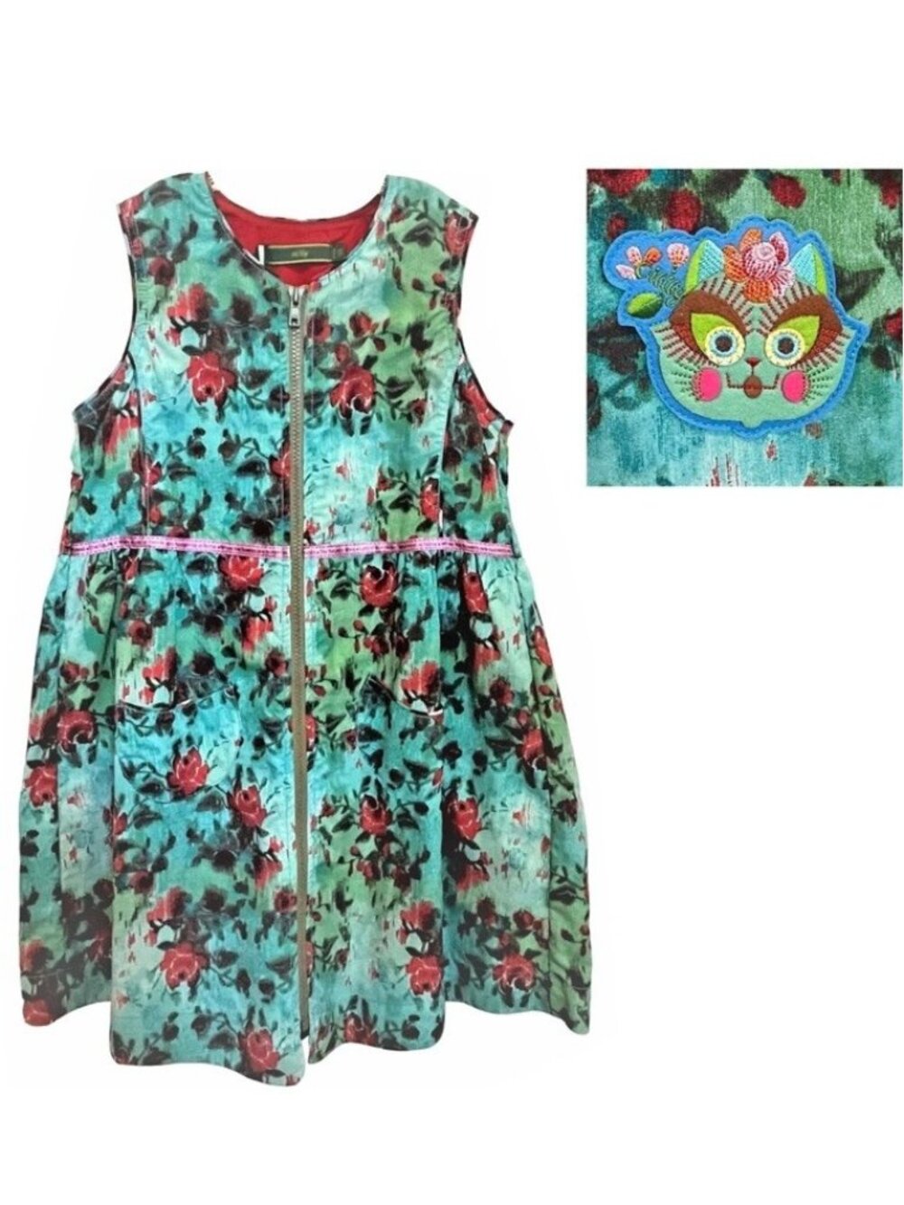 Oilily 116 5/6 Dress Sleeveless Jumper Teal Midi Party Zipper Red Roses Holiday